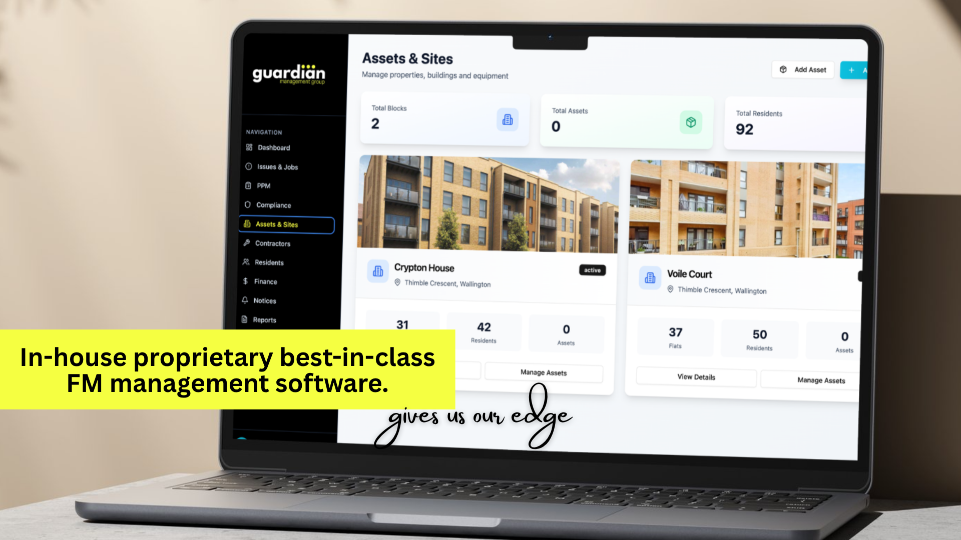 Guardian Manager platform showing Assets and Sites dashboard with property portfolio overview